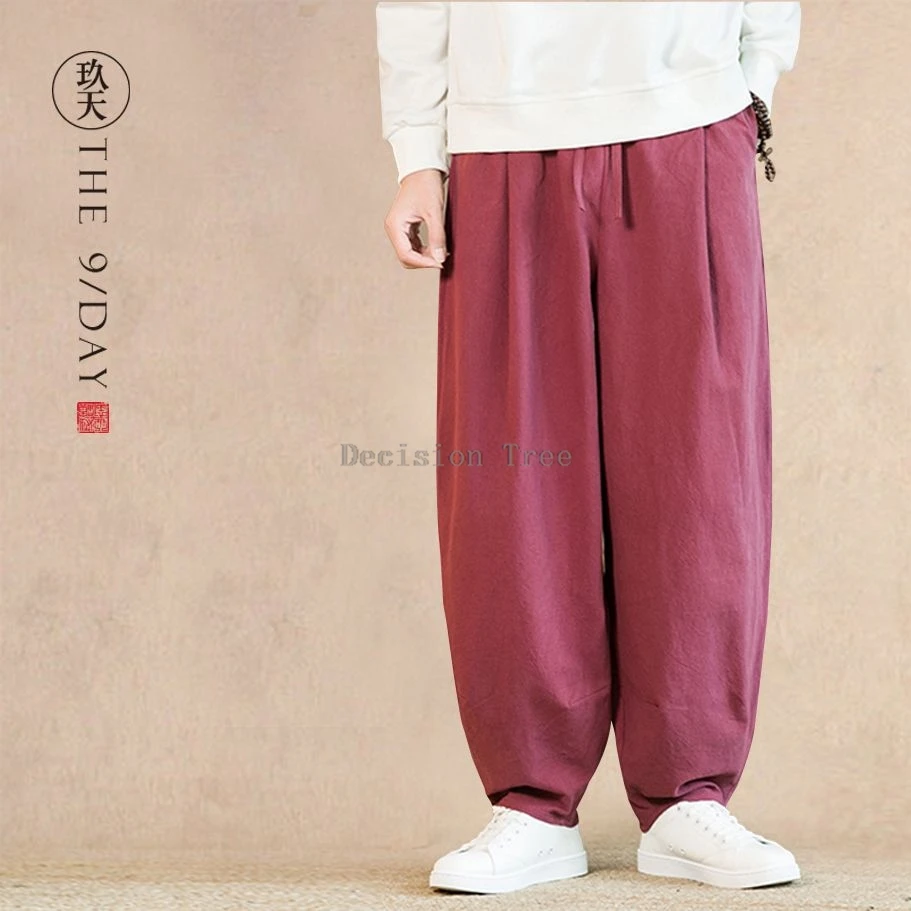 spring linen casual martial arts wushu pants wide leg pants chinese style men loose cotton linen tai chi dao long trousers