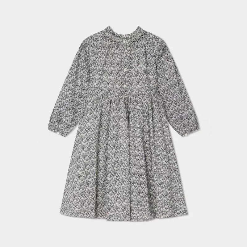 

2024 Spring Cotton Handmade Print Dress Girls Loose Long Sleeve Long Dress