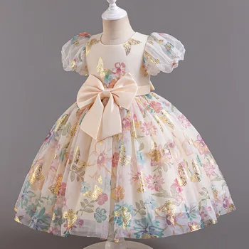 Summer 1-6Years Kids Girls Party Dress Bubble Sleeves Big Bow Butterfly Flower Sweety Princess Dress Children Bridesmaid Dress 1