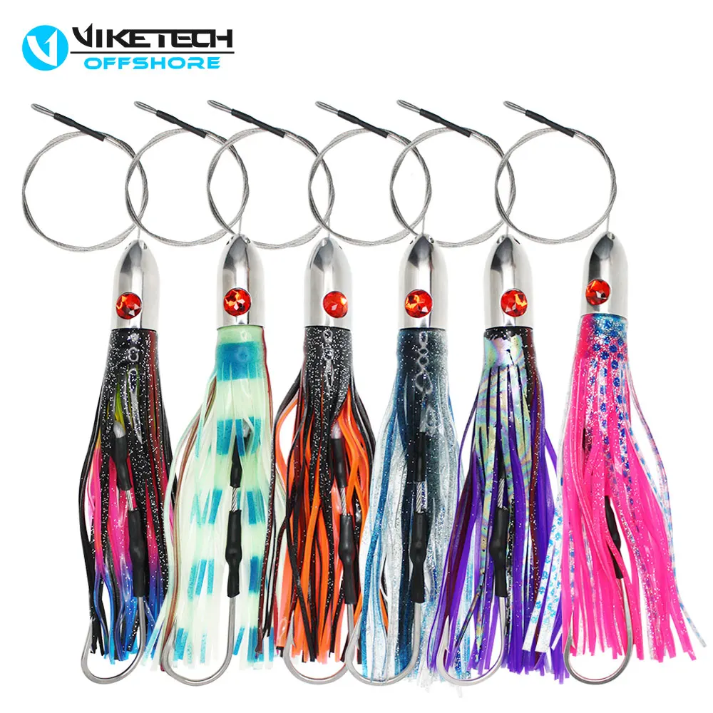 Viketech Offshore Saltwater Big Game Shark Wahoo Tuna Trolling Fishing Stainless Steel Octopus Jet Lures Rigged 9.4" 6.6oz.