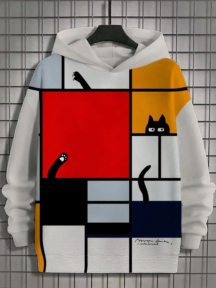 Men's Hoodies Black Cat Tasting Tea Japanese Art 3D Printed Sweatshirt Men Women Tracksuit Oversized Casual Street Y2k Coat