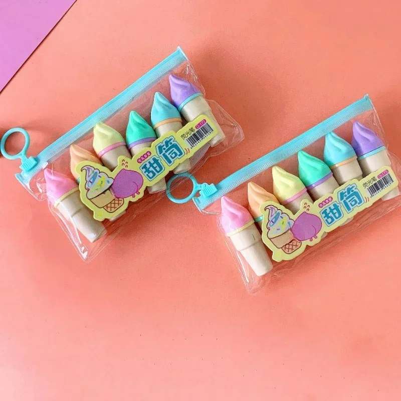 6PCs Cute Ice Cream Highlighters Set Mini Marker Pens Kids Stationery Students Drawing Painting Tool Student School Supplies highlighter marker,highlighter pen,marker pen,art marker