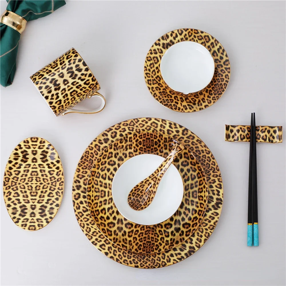 Leopard Pattern Bone China Western Food Plate Bowl Ceramic Knife Fork Spoon Coffee Tea Cup Hotel Clubhouse Restaurant Tableware