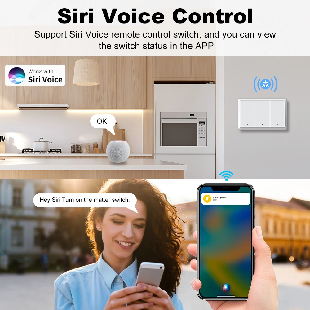 Tuya Matter WiFi Smart Switch Neutral Wire Optional Switch US Standard Switch Push Button Light Switch Voice Control With Alexa