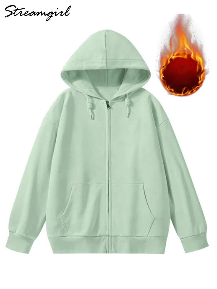 

Winter Zipper Fleece Hoodie Jackets For Women Black Warm Velvet Sweatshirt Oversized Fleece Zip Up Hoodie Women Hooded Jacket