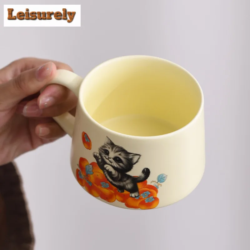 280ML Hand Drawn Persimmon Cat Coffee Mug With Plate Cappuccino Latte Cup Afternoon Tea Mug Household Cup Saucer Kit Tableware
