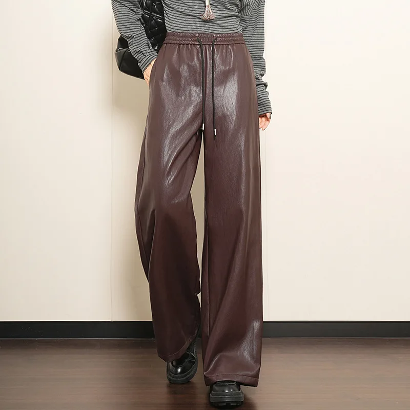 Simple Wide Leg High Waist Casual Leather Pants for Women 2025 Autumn Winter New Loose Thin Straight Drop Casual Pants