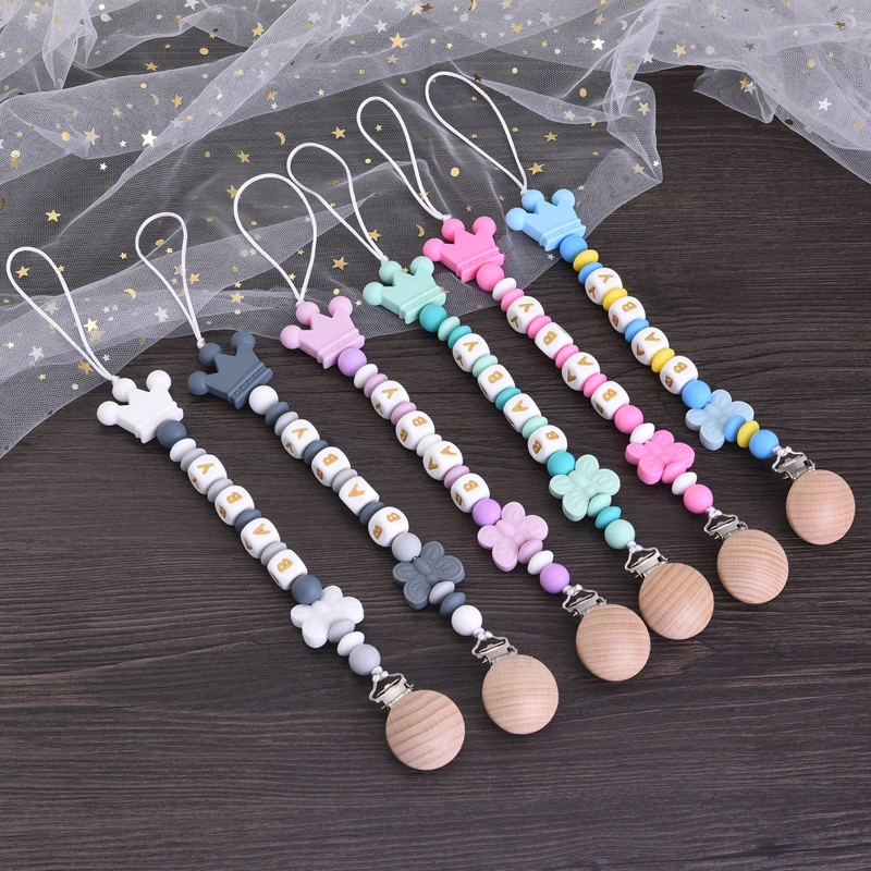 Round Wood Baby Dummy Holder Clip Crown Butterfly Silicone Beaded Teether Custom English Letter Name Pacifier Chain Nursing Toy 2