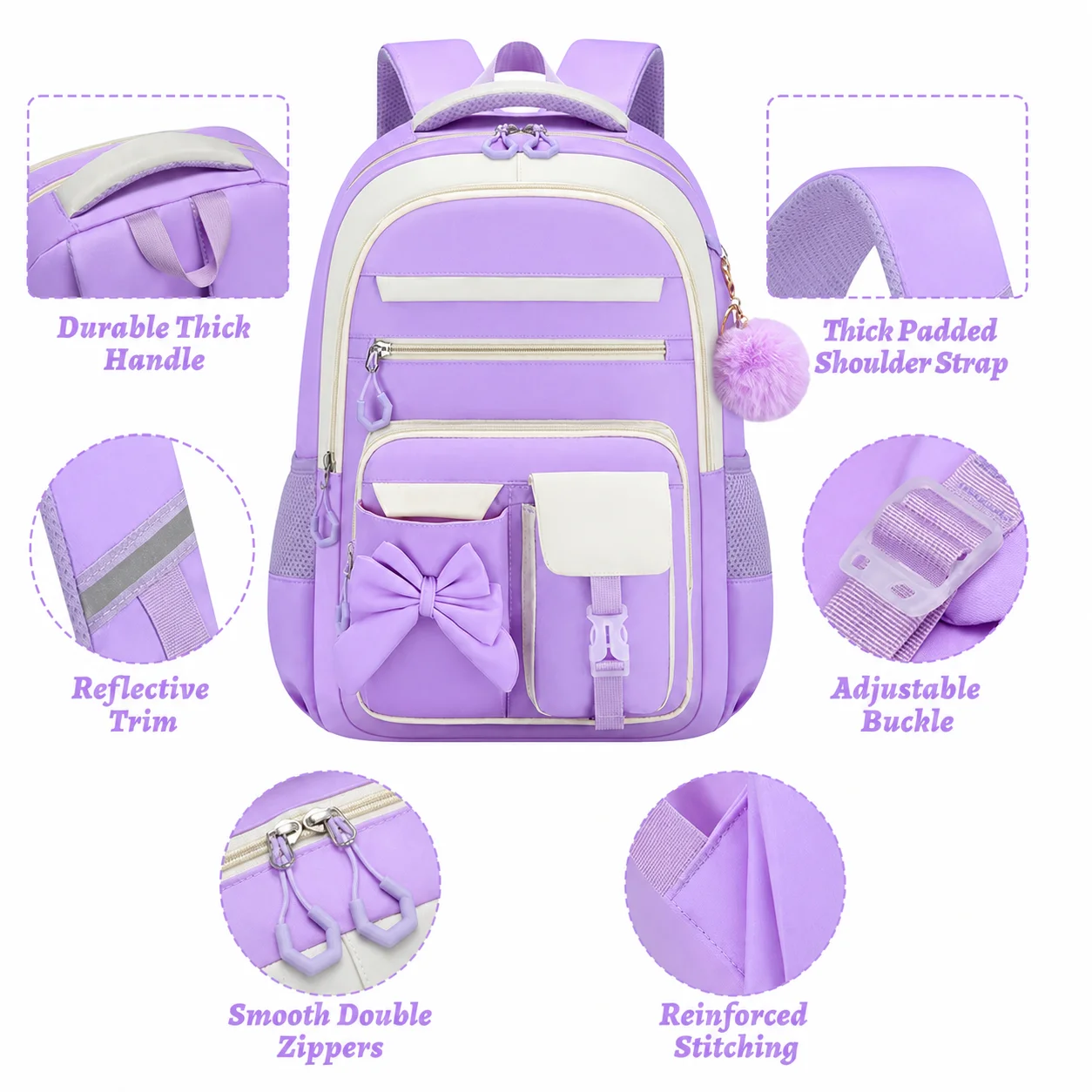 3pcs School Backpack Set Bowknot Cute Bookbag Kit Girls Nylon Multi Pocket Rucksack Pack Kids Lunch Box Pencil Case 6
