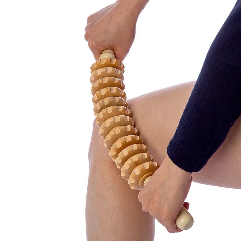 Curved 12-Wheel Wood Therapy Roller Stick for Lymphatic Drainage and Massage