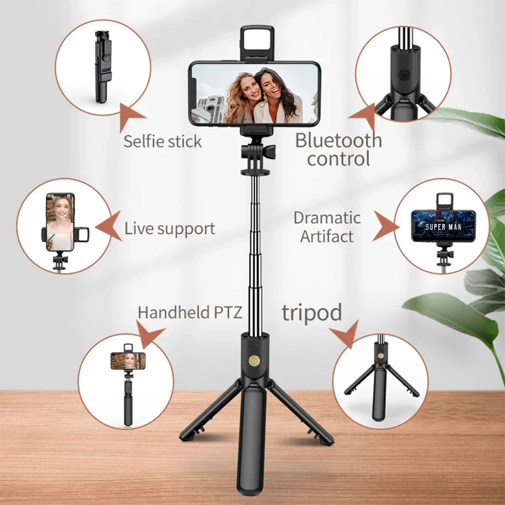 

Bluetooth Remote Extendable Tripod for iPhone Mobile Phone Tiktok Live Streaming Wireless Selfie Stick Tripod Stand with Light
