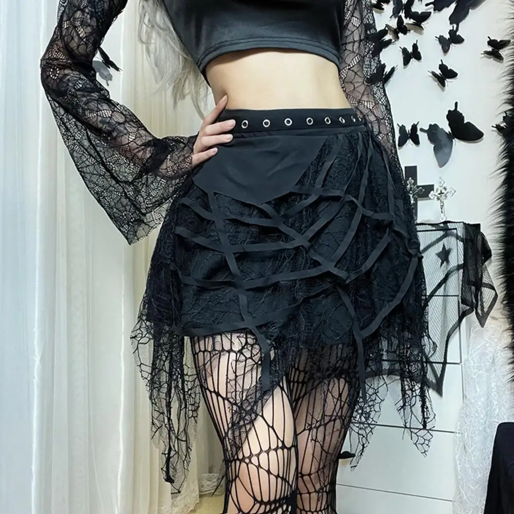 Women Skirt Halloween Spider-Web Decor Tassel Mini Skirt Elastic Waist Big Hem Gothic Metal Holes Summer Skirt Party Garment 4