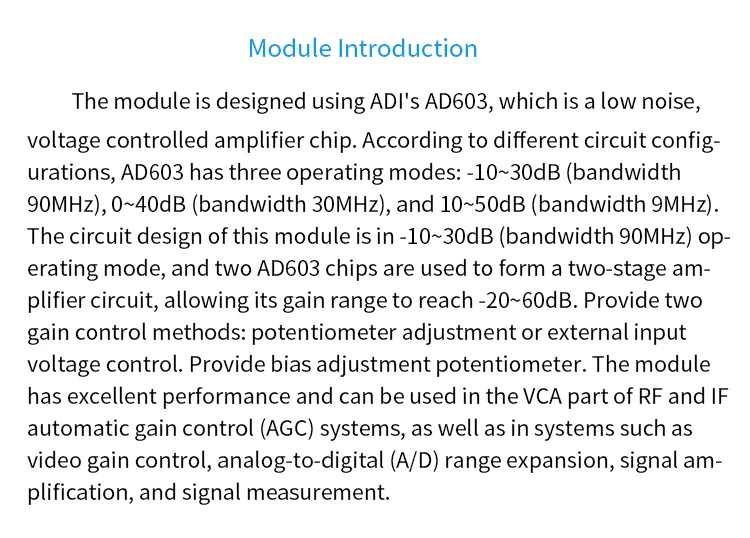 AD603 voltage controlled gain amplifier module VCA high bandwidth -20~60dB gain