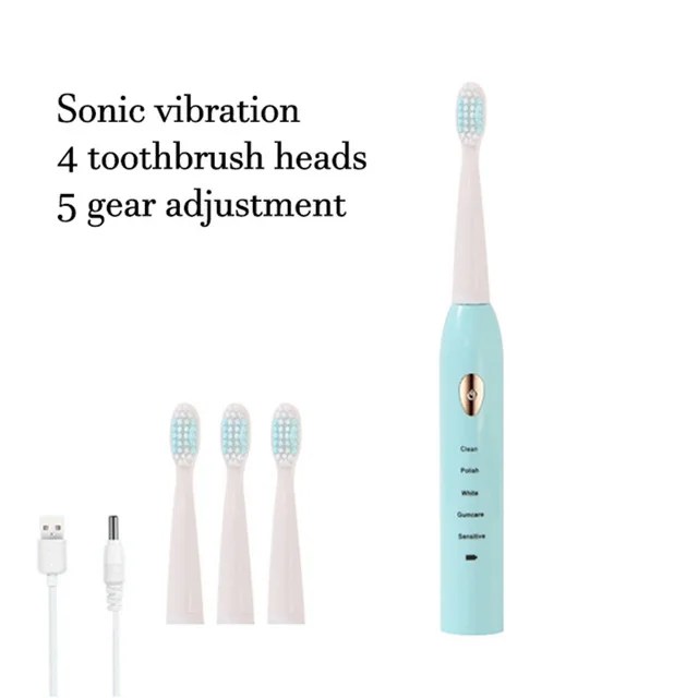 Cepillo de dientes eléctrico sónico, modo de 5 velocidades, carga USB, 4 colores, IPX7, impermeable, ultrasónico, recargable, cepillo de dientes de pelo suave para adultos