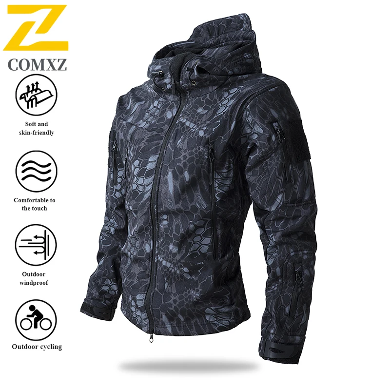 Men's Shark Skin Softshell Jacket Camo Fleece Lined Windproof Water-Resistant Solid Color Thermal Outdoor Coat for Autumn Winter