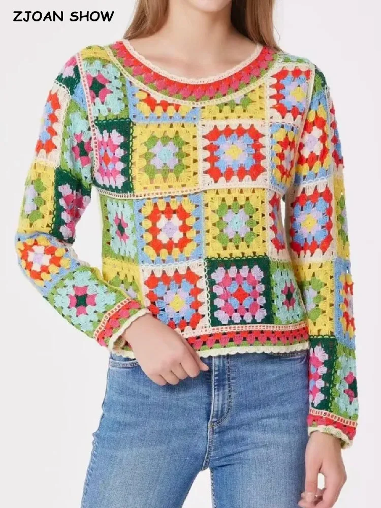 

2022 Harajuku Handmade Hollow Out Crochet Geometric Plaid Full Sleeve Women Summer Round Collar Pullovers Holiday Sweater Tops