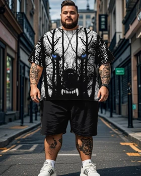 Pantaloncini a maniche corte con testa di lupo scuro Abito da uomo di grandi dimensioni 1