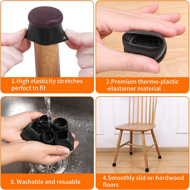 Protecteurs de pieds de chaise en silicone noir avec feutre enveloppé, capuchons de pieds de chaise, housse de protection des pieds de meubles, tabouret de bar, 16 pièces