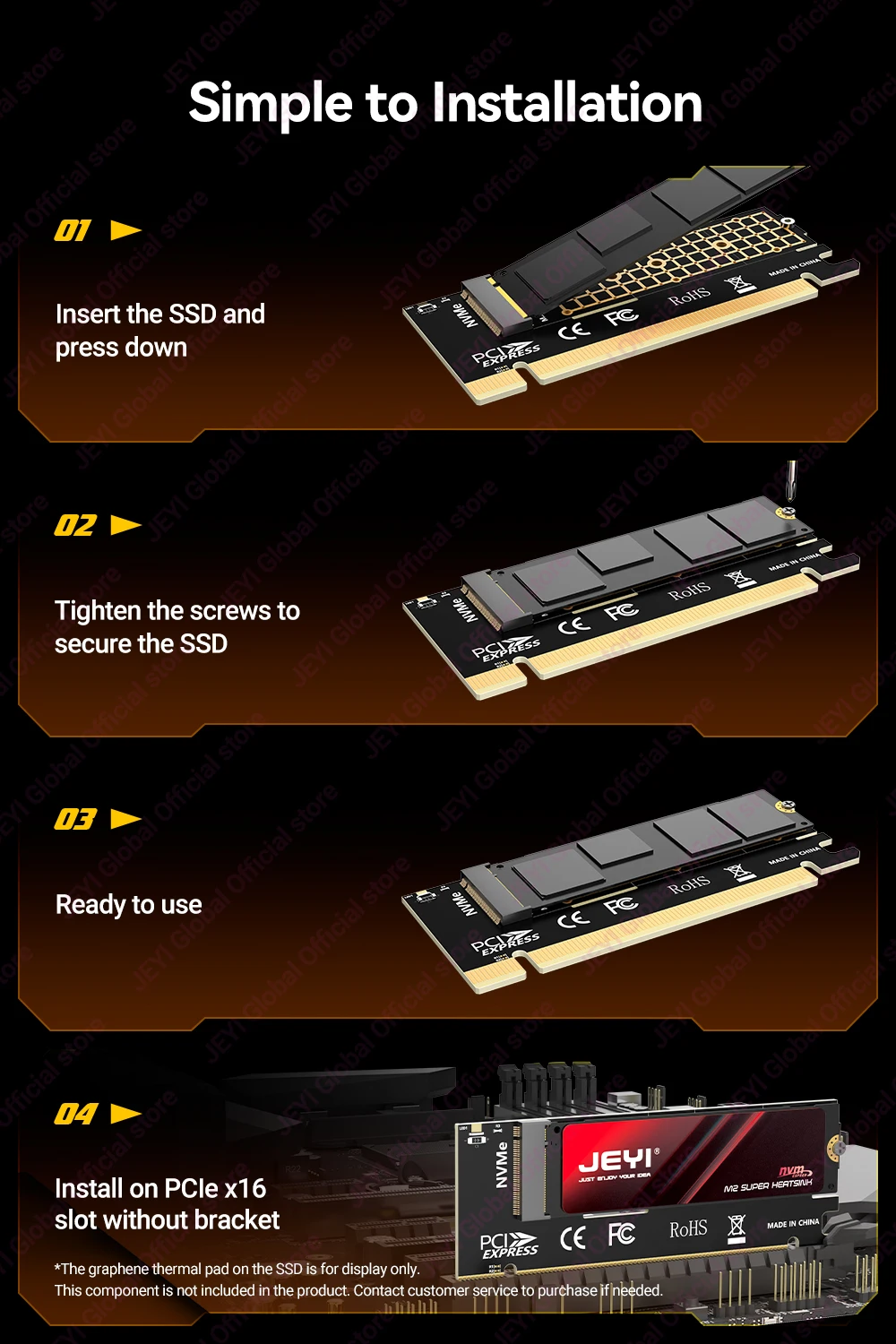 JEYI M.2 NVMe zu PCIe 4.0 X16 Adapterkarte, Unterstützt 4TB SSD & 64Gbps Geschwindigkeit, Kompatibel mit 2280/2260/2242/2230 NVMe SSDs – Detail 9