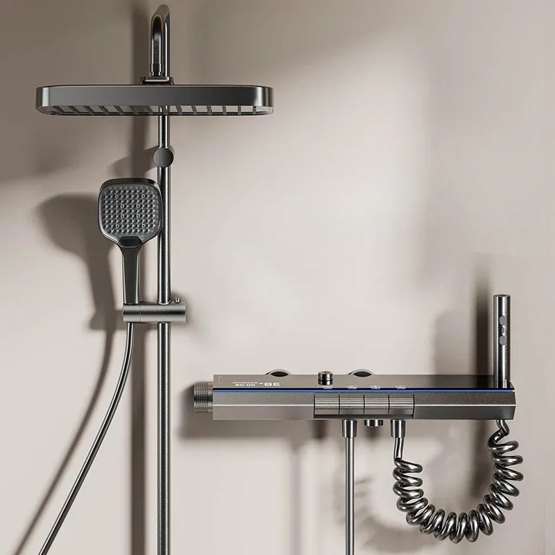 Bathroom Drizzle System Set Space Aluminum Shower System,LED display Matte Gray Pressurized Shower Bath Shower Set Home 2