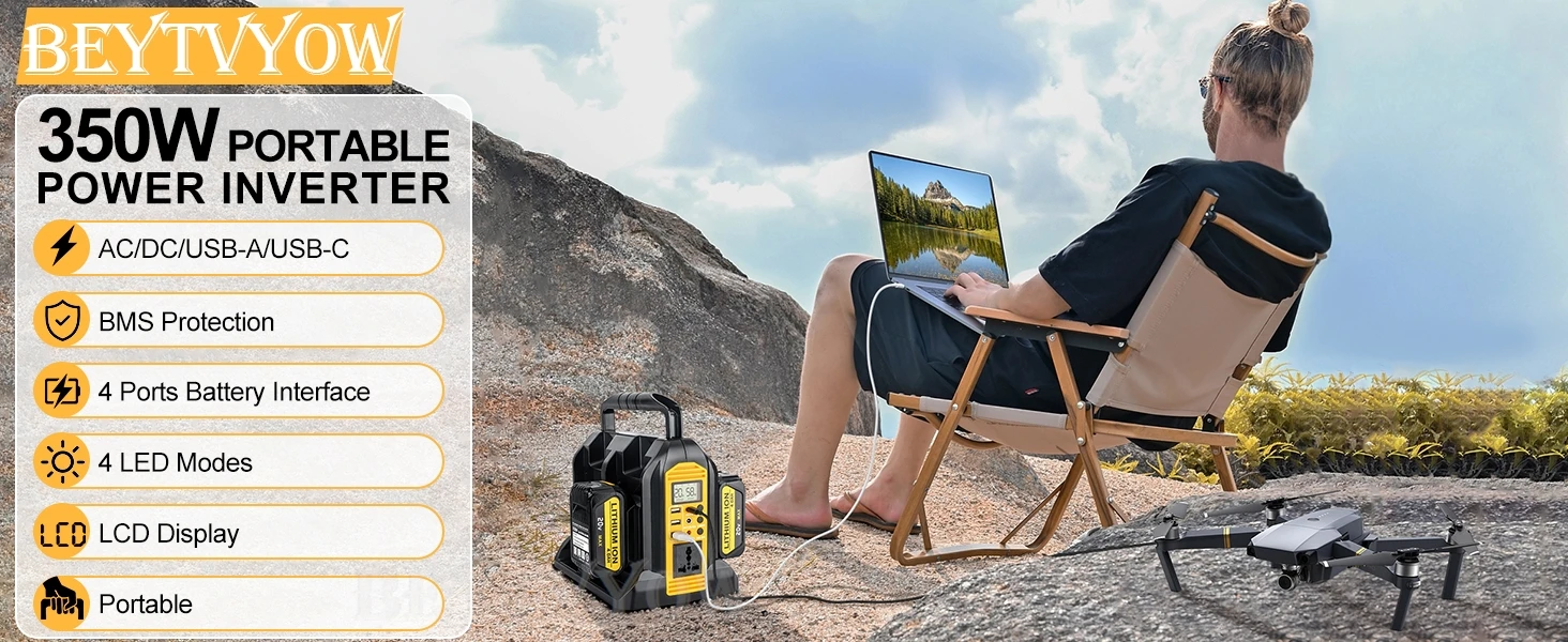 4-Ports 350W Power Inverter for Dewalt 20v 60v Battery DC 20V to AC 120V/220-230
