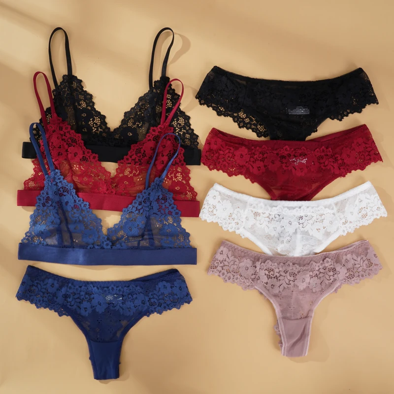 Full Lace Lingerie Set Sexy Women's Underwear Transparent Short Ultra-thin  No Wire Push Up Sexy Bra Brief Sets Exotic Intimate