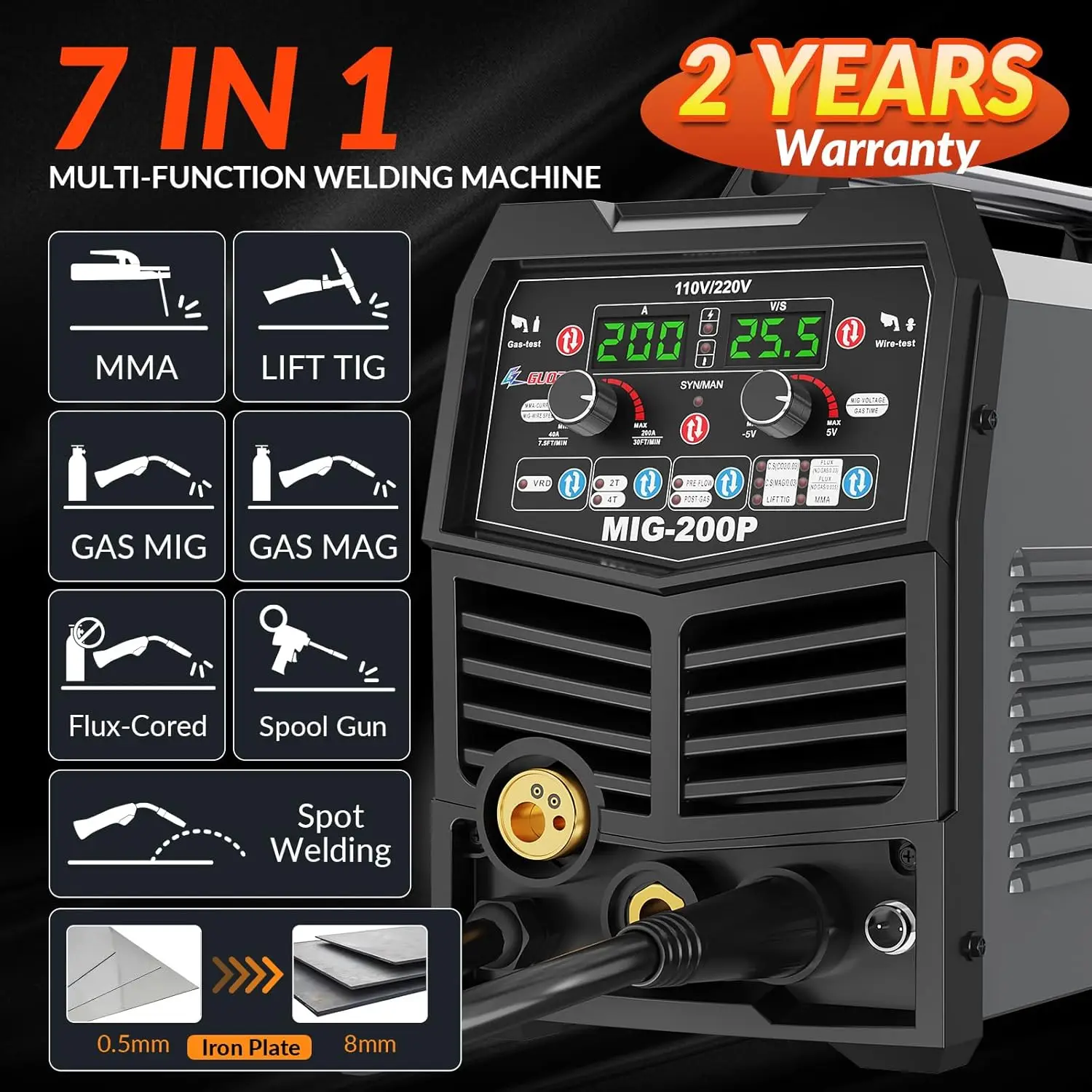 GUOZHI 200A MIG Welder, 7 in 1 Gas MIG/MAG/Gasless Flux Core MIG/Lift TIG/Stick/Spot Welding/Spool Gun Multi-Process, Dual Vo 2