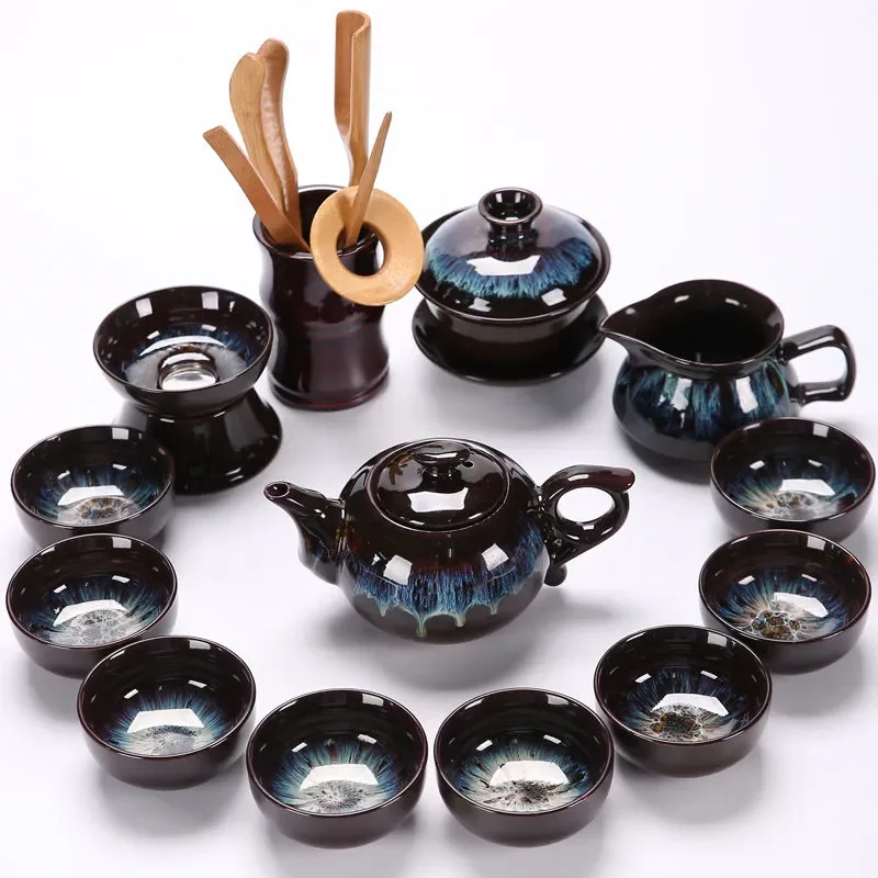 Luxury Ceramic Kung Fu Tea Set with Gold Trim - طق...