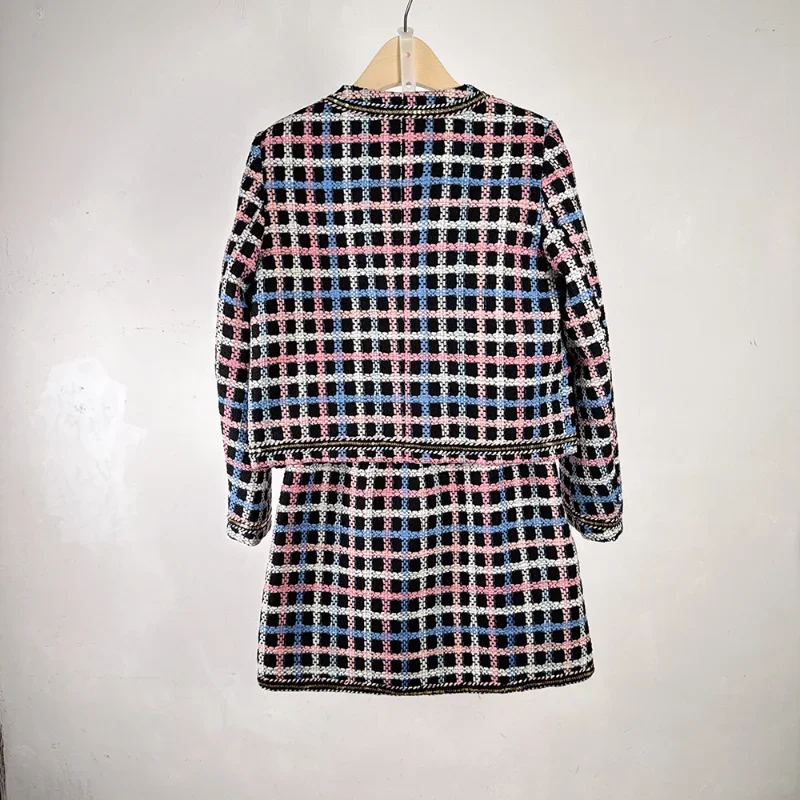 Women French Vintage Plaid Long-sleeved Coat + Mini Skirt Tweed Suit Casual Chic High Quality Small Fragrance Two-piece lady Set