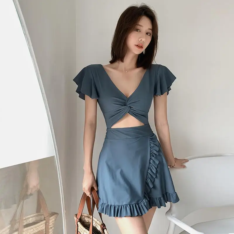 Sexy Solid Color Hollow Short Sleeve Conjoined Body Swimwear Women Slim Ruffles With Chest Pad Versatile Lady Swimsuit 2023