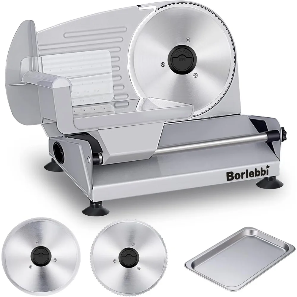 Meat Slicer, 200W Electric Food Slicer with 2 Removable 7.5" Stainless Steel Blades and Stainless Steel Tray
