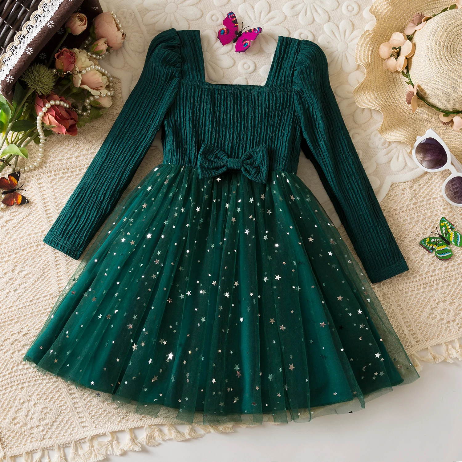 Sequin Girls Princess Party Dresses For 3-8 Yrs Kids Birthday Wedding Evening Prom Gown Spring Fall Long Sleeve Children's Dress