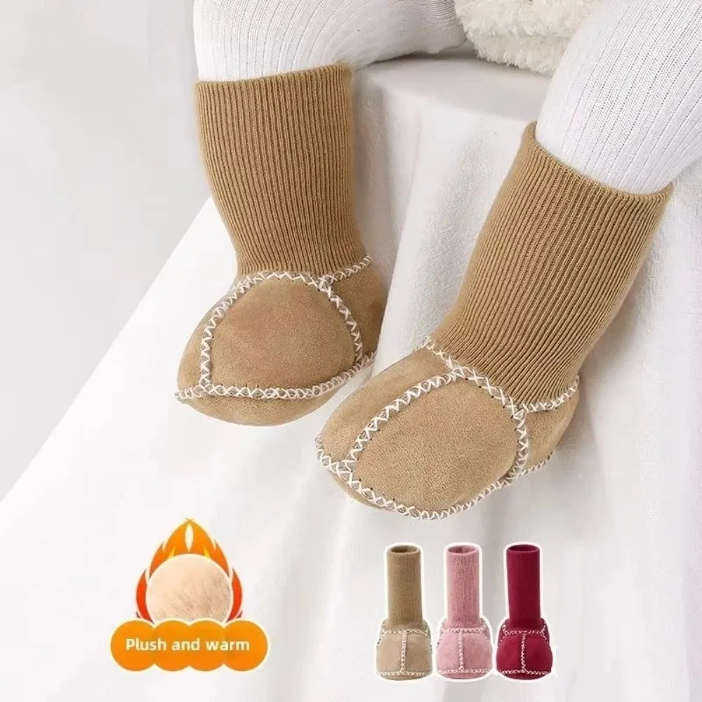 Thickened Suede Leather Shoes Fleece-Lined Suede Leather Socks Shoes Anti-slip Soft Bottom Infants Winter Booties 0-12 Months