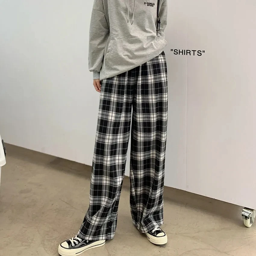Y2kBlackandWhitePlaidpantsOversizeWomenCasualLooseWideLeg