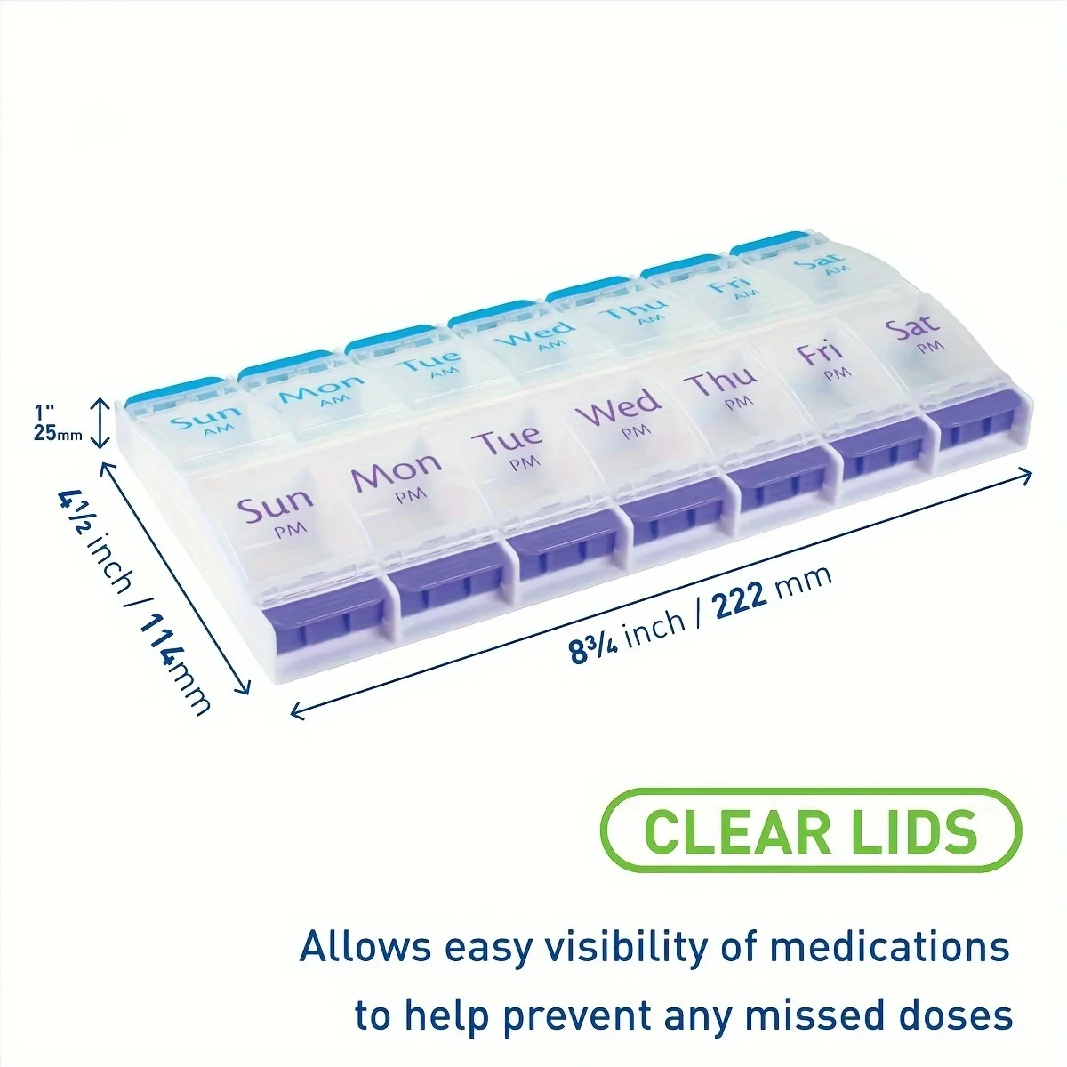 7 Day Push Button Large Tray 14-Compartment Meds Box Container Holder AM PM for Medication, Vitamin, Supplement