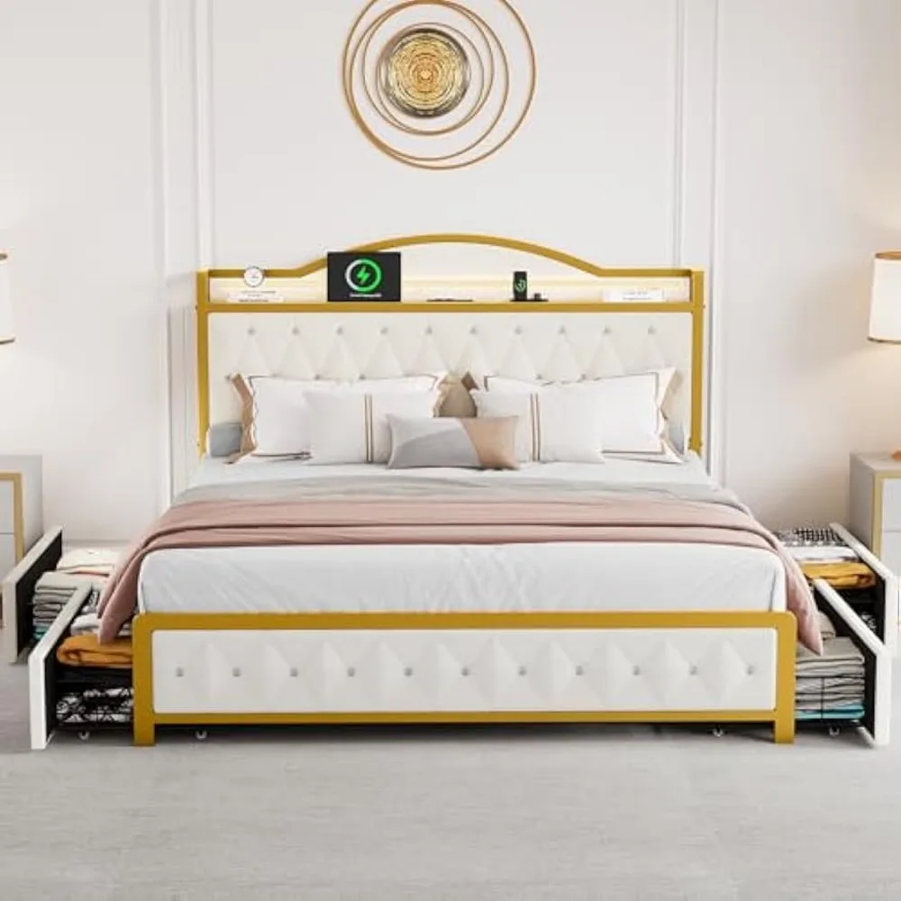 Queen Bed Frame w LED Lights, Platform Upholstered Bed w 4 Storage Drawers and Charging Station, Crystal Button-Tufted Headboard 3