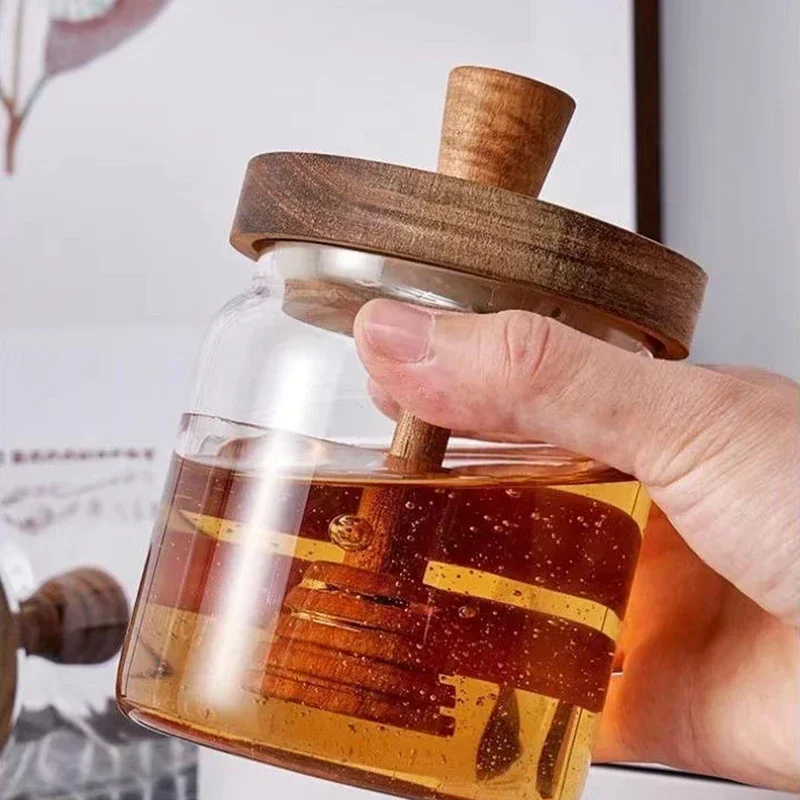 High Borosilicate Glass Honey Jar Transparent Sealed Tank with Wooden Lid Mixing Rod Household Honey Sealed Storage Container 2