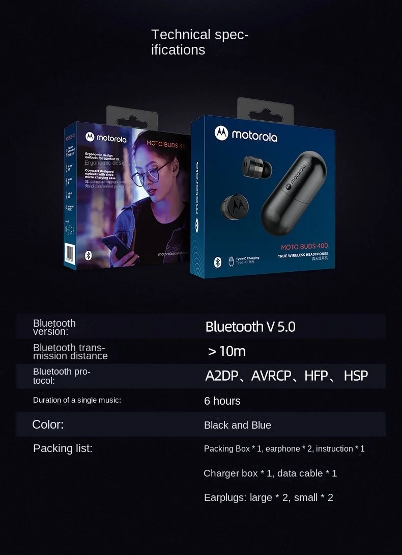 Motorola Buds400 Ear True Wireless Bluetooth Earphones for Outdoor Sports Running Music Intelligent Touch Waterproof Headphones