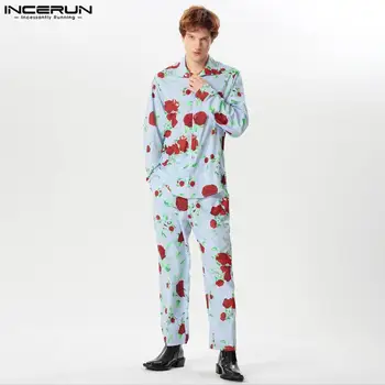 INCERUN 2024 American Style Stylish Sets Men's Personality Floral Stripes Long Sleeved Shirts Pants Casual Two-piece Sets S-5XL