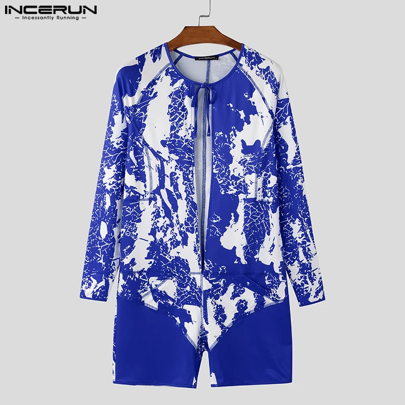 INCERUN American Style Bodysuits Sexy Stylish Men Printed Long Sleeved Jumpsuits Male Hot Sale Cropped Long Sleeved Rompers