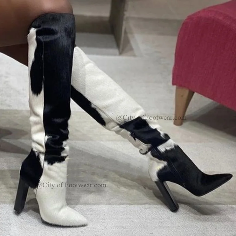 

Horse Hair Black and White Knee High Boots Women Winter New Fur Chunky Heel Zip Sexy Tall Boot 2024 Luxury Designer Lady Shoes