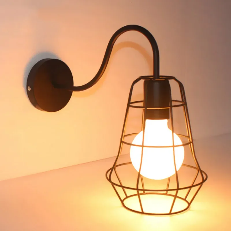 Vintage Wall Light Industrial Decor Indoor Lighting Black Retro Wrought Iron Caged Sconce Lamp For Bedside Aisle Bar Room Decor