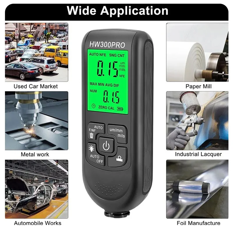 Paint Coating Meter Paint Thickness Gauge Thickness Gauge HW-300PRO Car Paint Film Automatic Thickness Gauge 0-2000UM Fe & NFe Coating Thickness Tester Manual Automotive Paint Tools