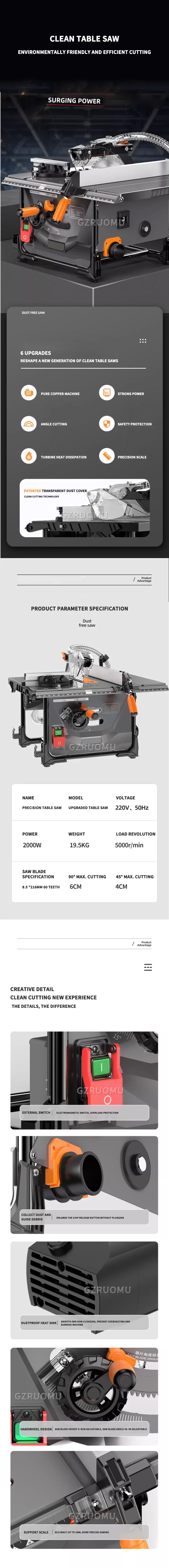 220V 2000W Table Saw Mini Desktop Electric Saw Cutter Speed Angle Adjustable 45°