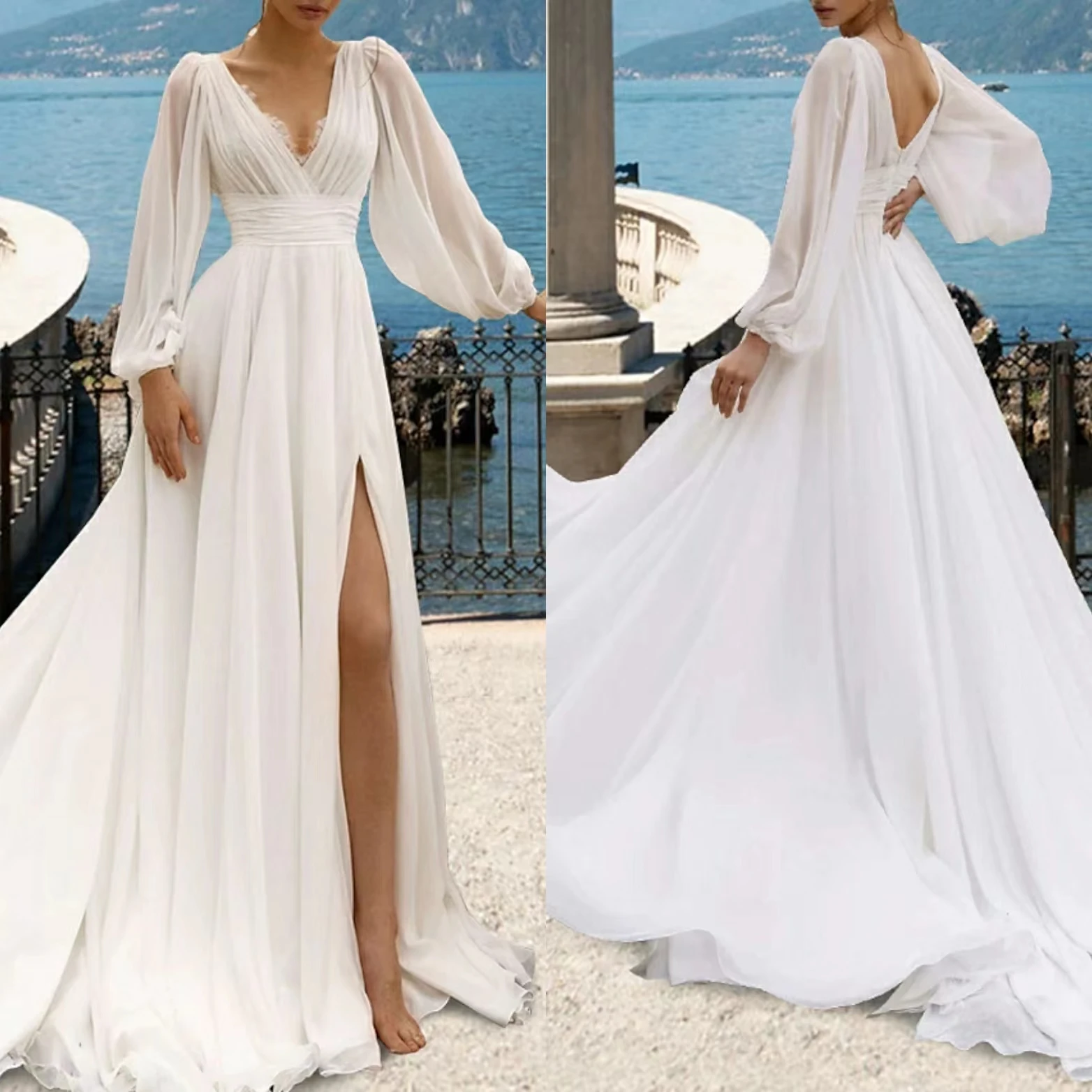 

Sexy Long Sleeve V-Neck Chiffon Wedding Dresses With Slit A-Line Ivory Lace Pleated Bridal Gowns for Women