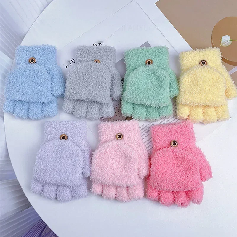 Solid Students Children Half Finger Thick Writing Gloves Coral Fleece Girls Baby Warm Riding Mittens Simple Boys Kid Flip Gloves winter gloves baby mittens