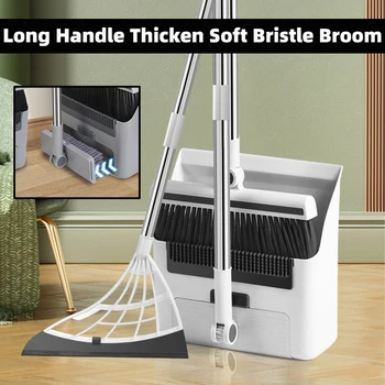 Long Handle Thicken Soft Bristle Broom Non-stick Foldable Broom with Stand Up Dustpan Combo Sets 3-in-1 Combination Cleaning Set 1
