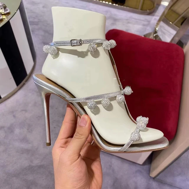 Crystal Ball High Heels 2022 New One Word With Rhinestone Silver Sandals  Square Toe Stiletto Wedding Shoes| | - AliExpress