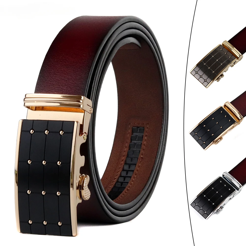 2024 New Luxury Brand Mens Belt Wine Red Vintage Designer Black Matel Buckle Automatic Genuine Leather Belt Trouser Strap