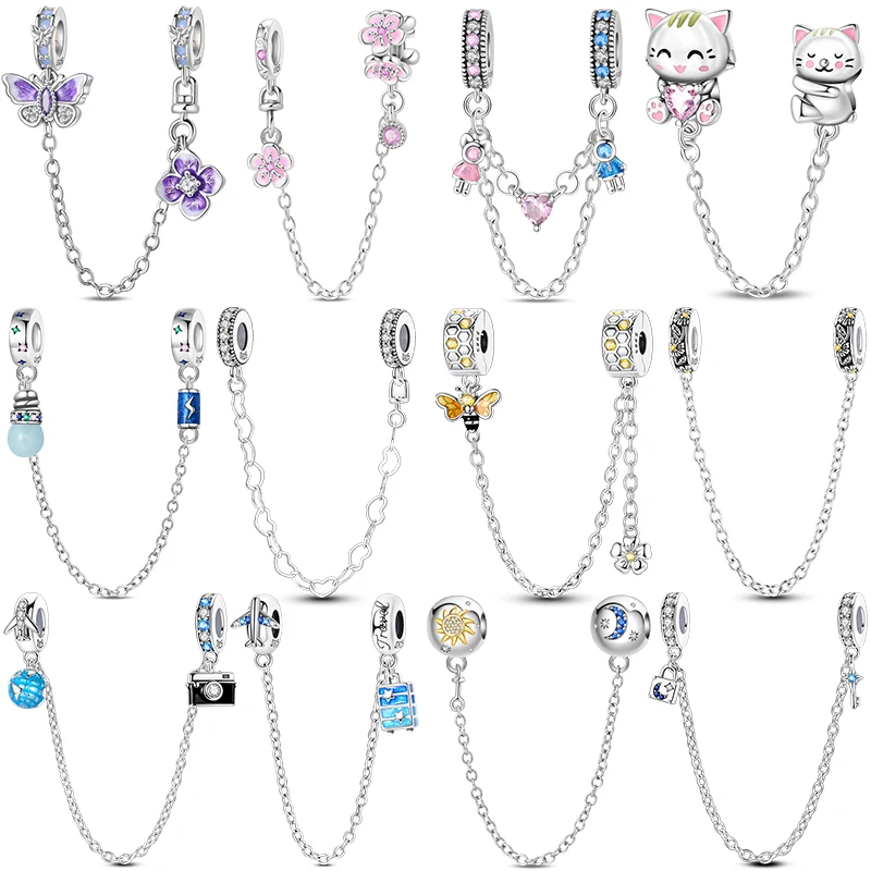 Sicherheitskette aus 925er-Sterlingsilber, Stern, Mond, Flugzeug, Erde, eingelegter Zirkon, Charms, Perlen, passend für Original-Armreif, DIY-Schmuck